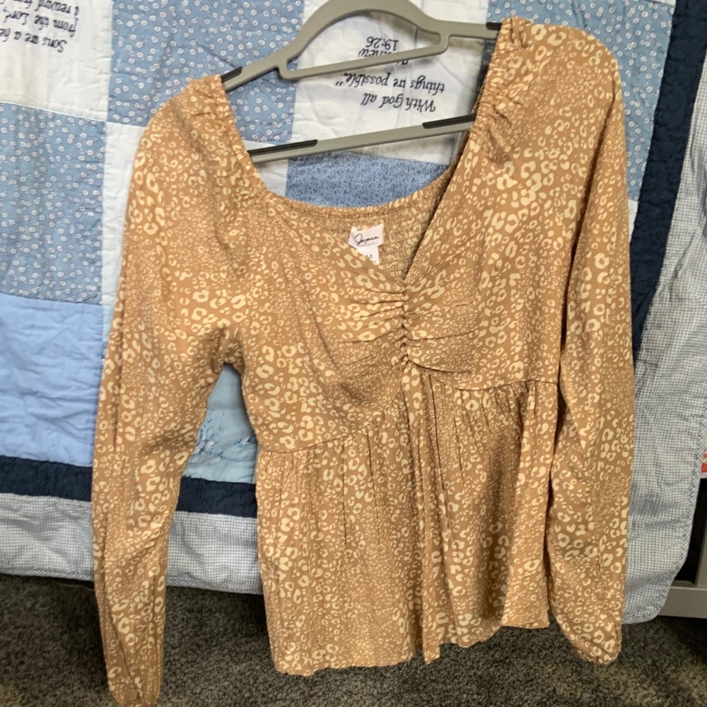 Japna Tan Animal-Print Long Sleeve Peplum Top